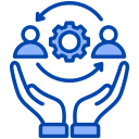 A blue vector icon featuring two open hands supporting user profiles and a central gear, surrounded by rotating arrows representing ongoing maintenance and knowledge transfer.