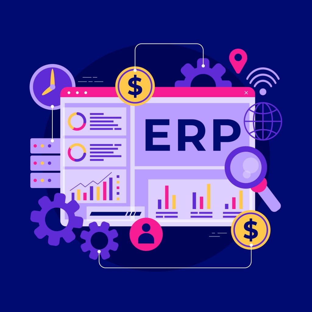 ERP business analytics dashboard displaying real-time ERP KPIs, performance metrics, and data visualizations.