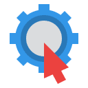 A vector icon showing a red mouse cursor pointer clicking on a blue mechanical gear, representing the selection of enterprise software and technical decision-making.