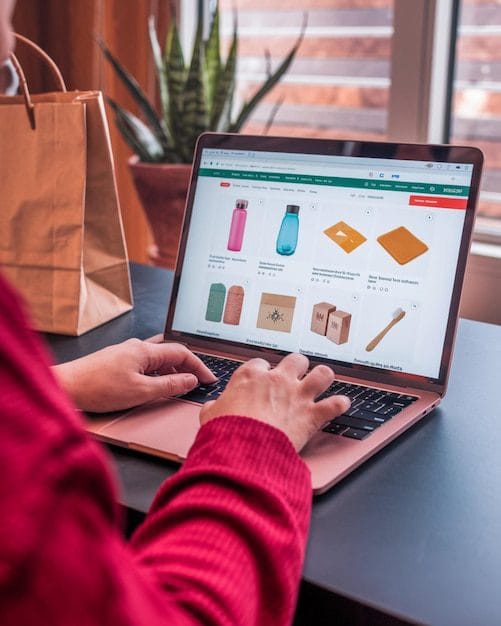 Shopify Development 2 Over-the-shoulder view of a user browsing a fully responsive Shopify e-commerce store on a laptop, viewing a clean product grid layout of eco-friendly items, with a shopping bag visible in the background.