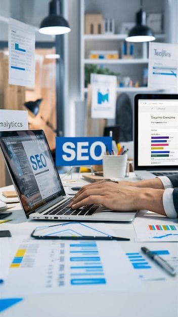 SEO Melbourne 8 A close-up of a specialist's hands typing on a laptop displaying SEO dashboards, surrounded by printed analytics reports, "SEO" signage, and performance charts hanging in a busy office workspace.
