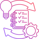 Strategic planning and implementation cycle icon with lightbulb, checklist, gear, arrows, workflow, and execution.
