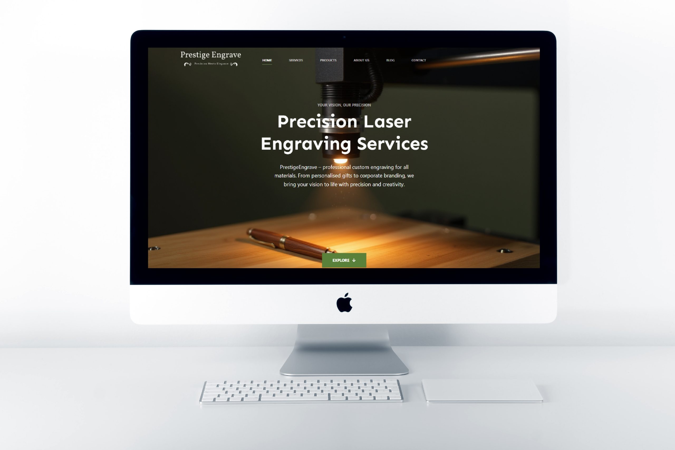 PrestigeEngrave website displayed on a desktop computer