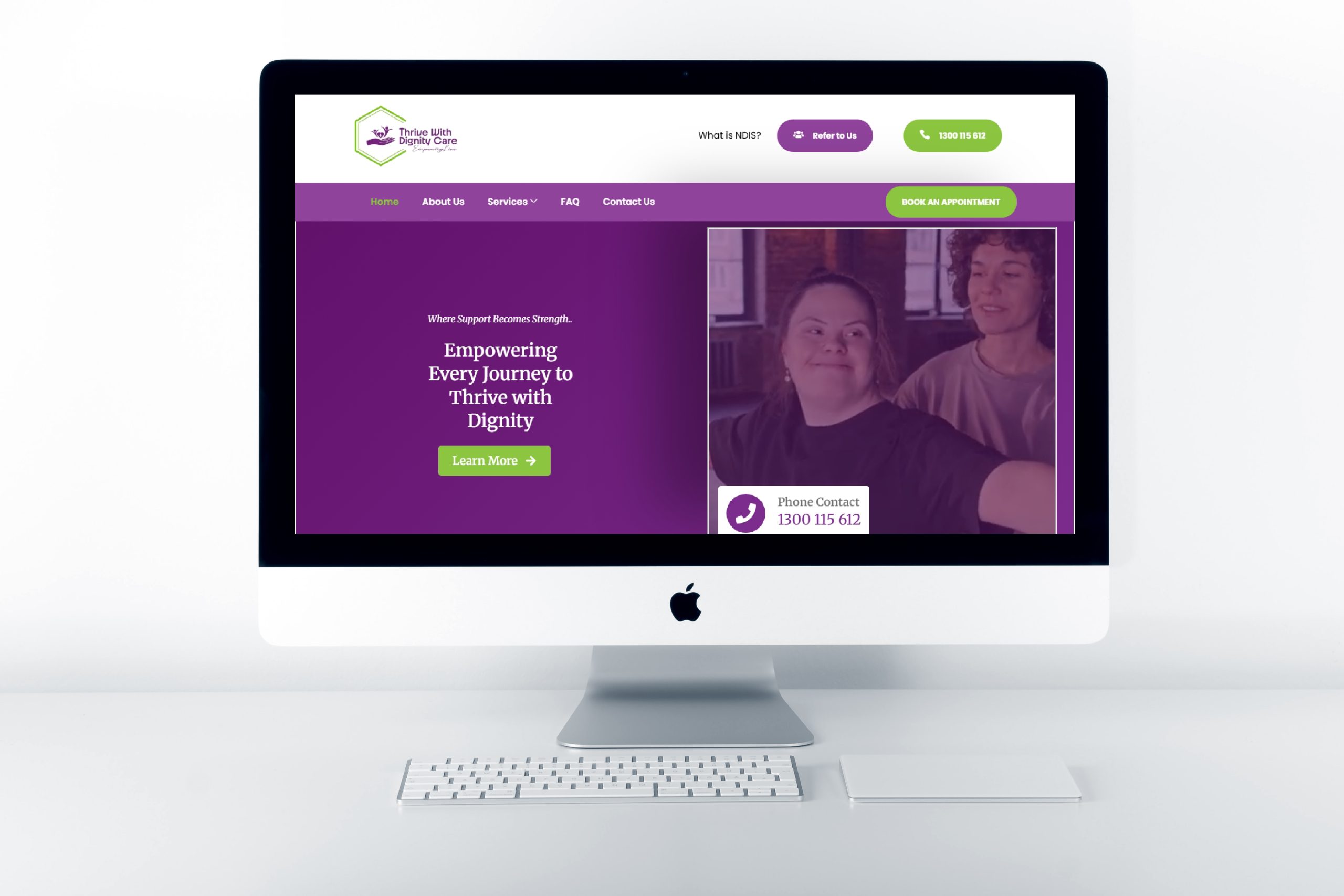 Thrive With Dignity Care website displayed on a desktop computer