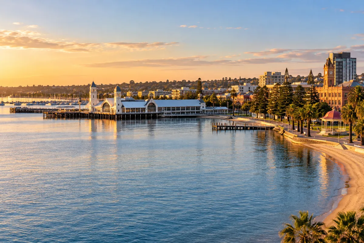 Waterfront and pier scene inspired by Geelong on Corio Bay
