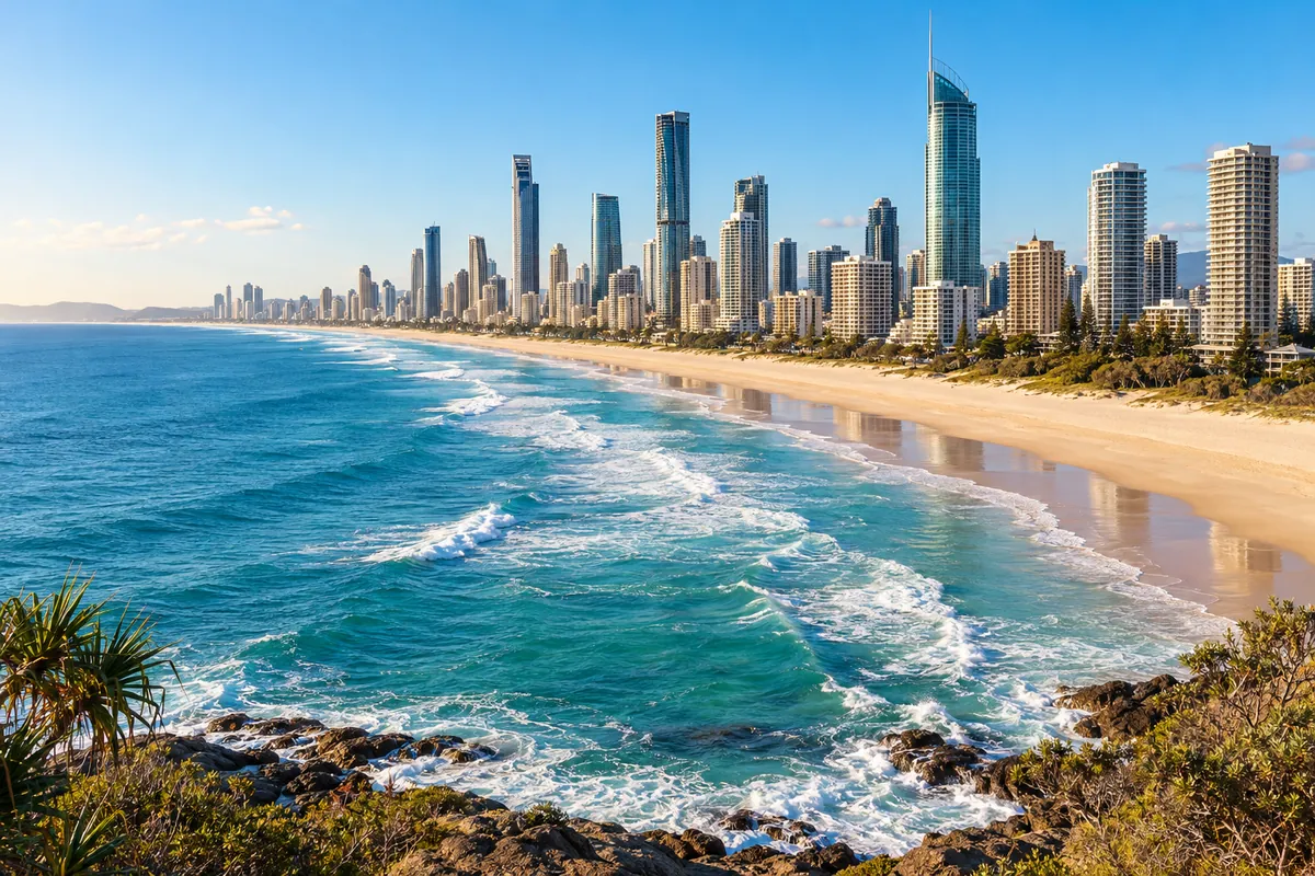 Gold Coast shoreline and high-rise skyline beside the Pacific Ocean