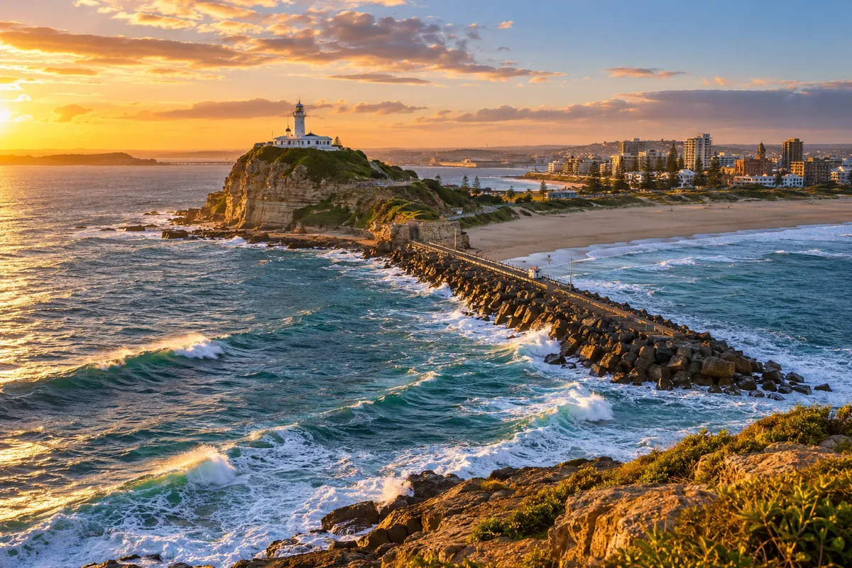 Newcastle coastal landscape with beach, breakwater and lighthouse