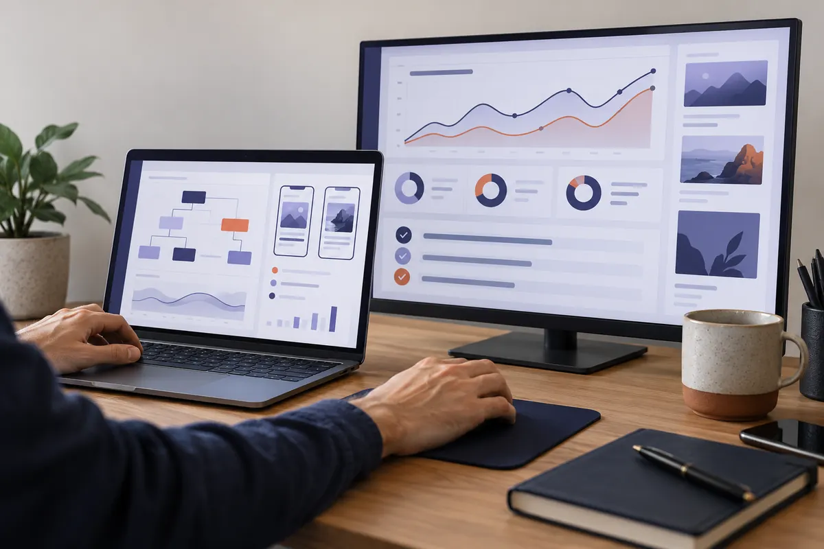 Search performance charts and website content plans displayed across a desktop and laptop
