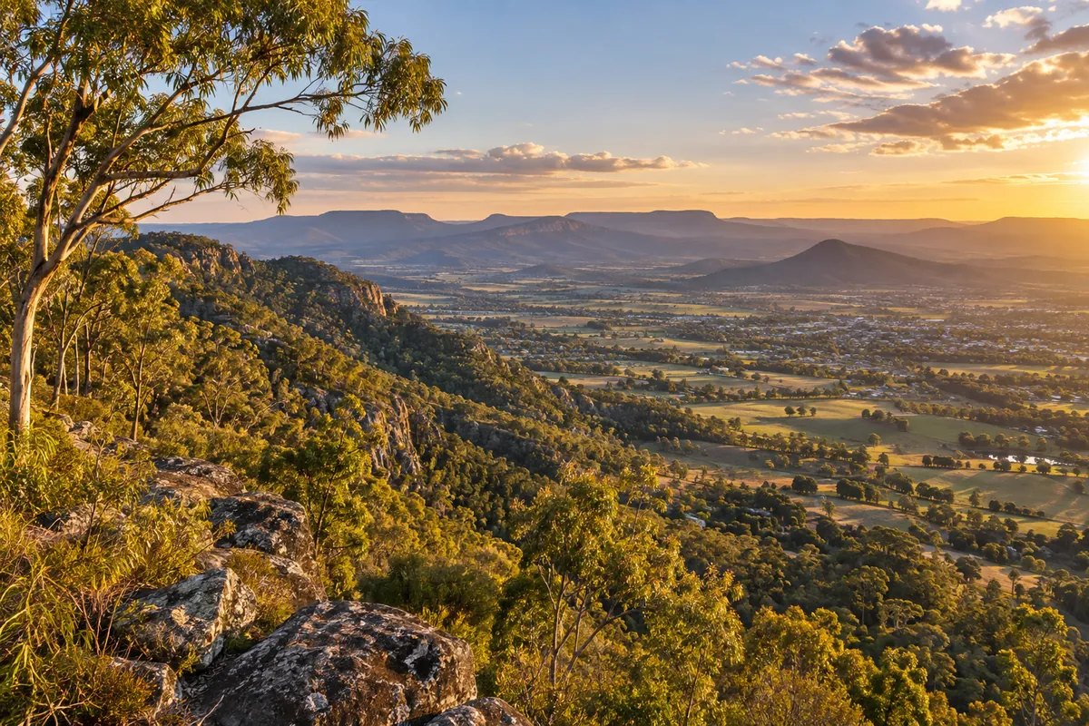 Inland Queensland valley and escarpment landscape near Toowoomba