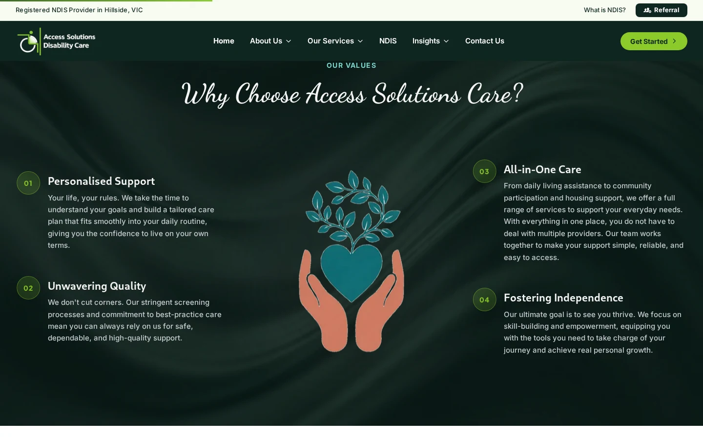 Access Solutions Care values section describing personalised support and independence