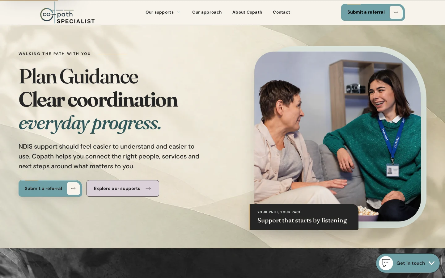 CoPath homepage showing plan guidance headline, support image and referral button