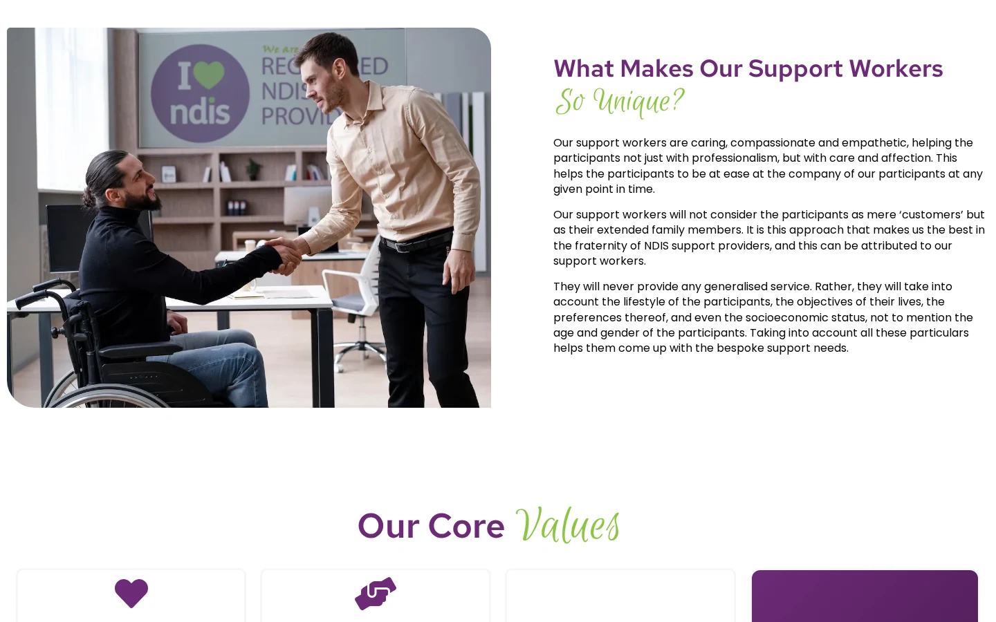 Delight Care Support Services page showing support workers and the provider’s values