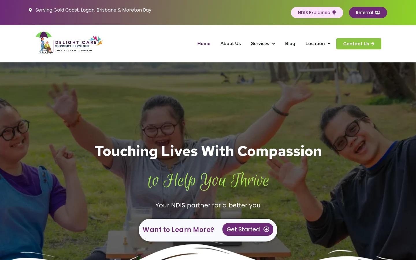 Delight Care Support Services homepage with purple and green navigation and welcome section