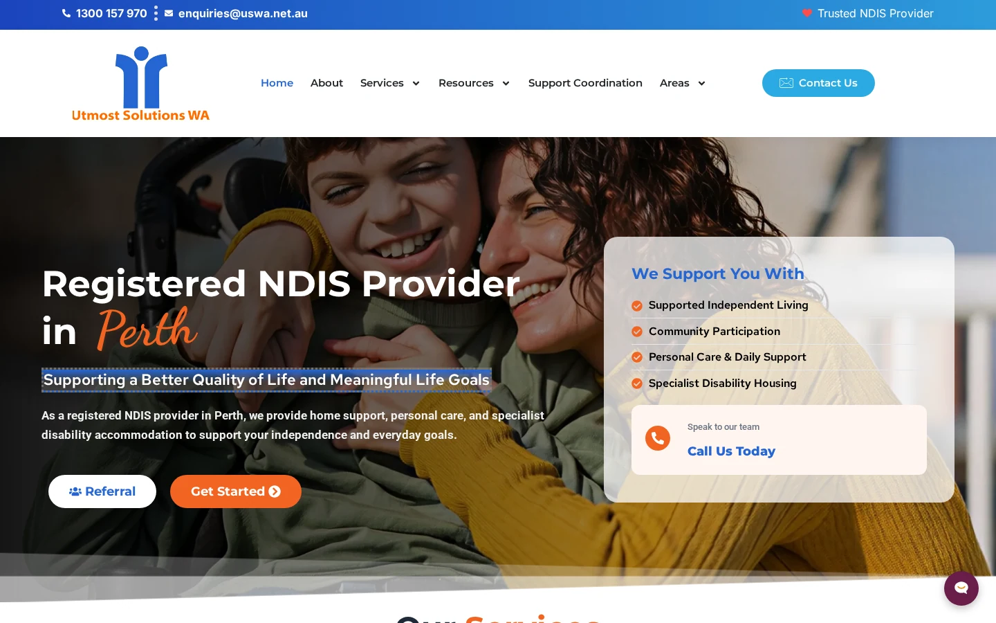 Utmost Solutions WA homepage showing NDIS support services and referral actions