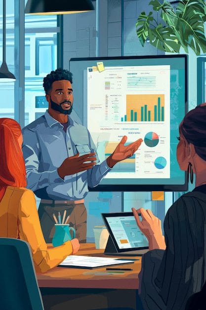 ERP Training & Change Management 6 African American businessman presenting sales graph to diverse team in modern office meeting room.