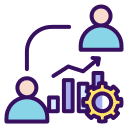 ERP Training & Change Management 10 A vector icon illustrating employee transition and adoption, featuring a curved path connecting two user figures alongside rising performance charts and process gears.