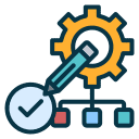 ERP Training & Change Management 12 A vector icon showing a pencil editing a yellow gear cog, accompanied by a checkmark and data hierarchy nodes, representing software customization and approval.
