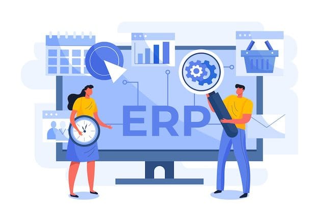 ERP Implementation 4 Two professionals managing an ERP implementation project; one holding a clock to symbolize timeline management and another using a magnifying glass to inspect system configuration and settings.