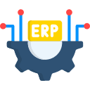 ERP Training & Change Management 7 A vector icon featuring an ERP text block sitting inside a mechanical gear with extending data nodes, representing the analysis of technical requirements and system structure.