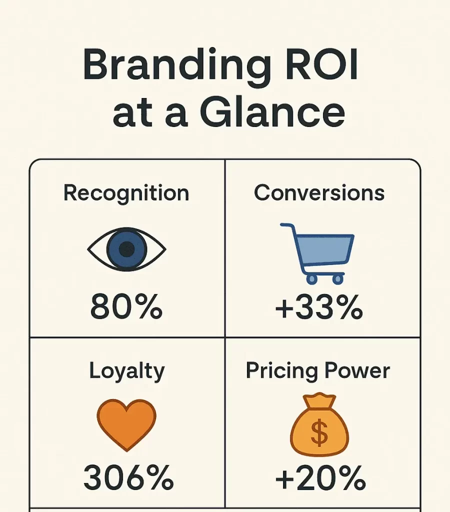 The Hidden ROI of Brand Identity: Why Logos and Colours Drive Conversions 3 An infographic chart titled "Branding ROI at a Glance" displaying four key statistics: 80% Recognition, +33% Conversions, 306% Loyalty, and +20% Pricing Power, accompanied by illustrative icons.