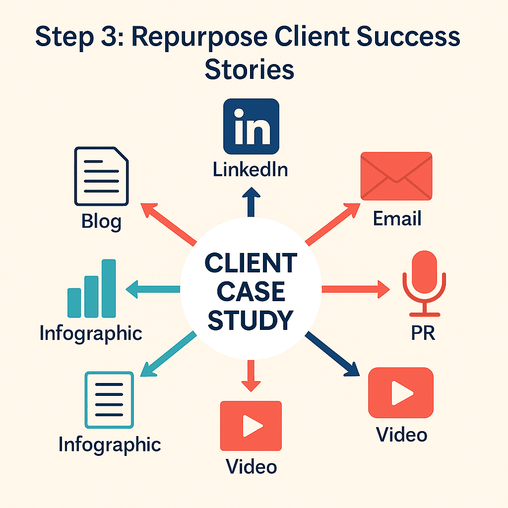 Central hub “Client Case Study” with spokes leading to blog, LinkedIn, PR, email, infographic, and video icons.