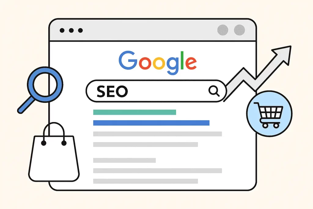 A vector illustration of a Google browser window conducting an "SEO" search, surrounded by a shopping bag, magnifying glass, and an upward trend arrow pointing to a shopping cart.