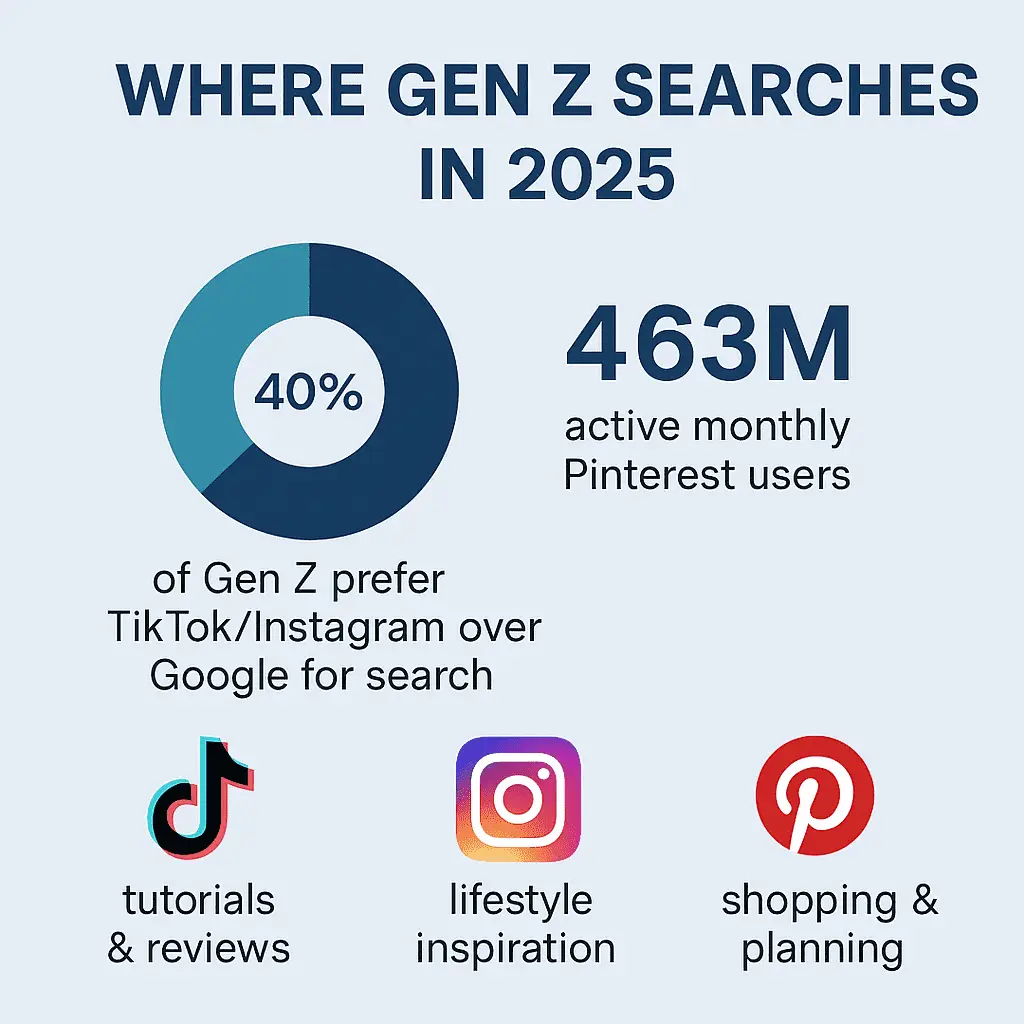 Social Media SEO: How to Optimise for TikTok, Instagram & Pinterest 2 An infographic titled "Where Gen Z Searches in 2025," illustrating that 40% of Gen Z prefers TikTok and Instagram over Google, with Pinterest boasting 463 million active users for shopping and planning.