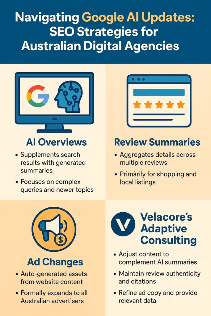 An infographic titled "Navigating Google AI Updates," detailing four key areas: AI Overviews, Review Summaries, Ad Changes, and Velacore's Adaptive Consulting strategies.