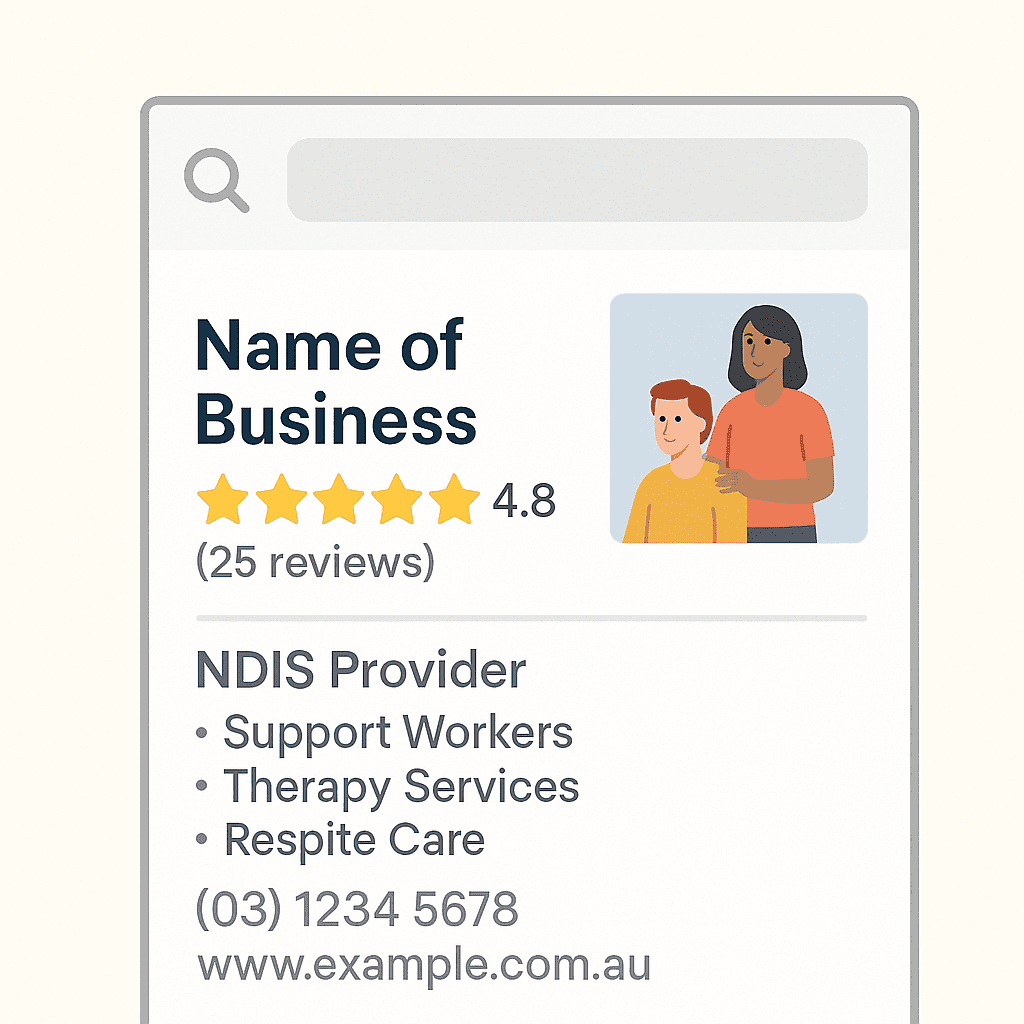 Optimised Google Business Profile for NDIS providers with reviews and service details.