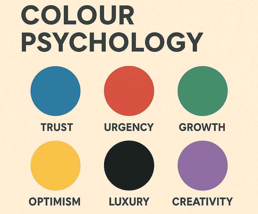 The Hidden ROI of Brand Identity: Why Logos and Colours Drive Conversions 2 Infographic titled ‘Colour Psychology’ showing six colour circles with meanings: blue for trust, red for urgency, green for growth, yellow for optimism, black for luxury, and purple for creativity