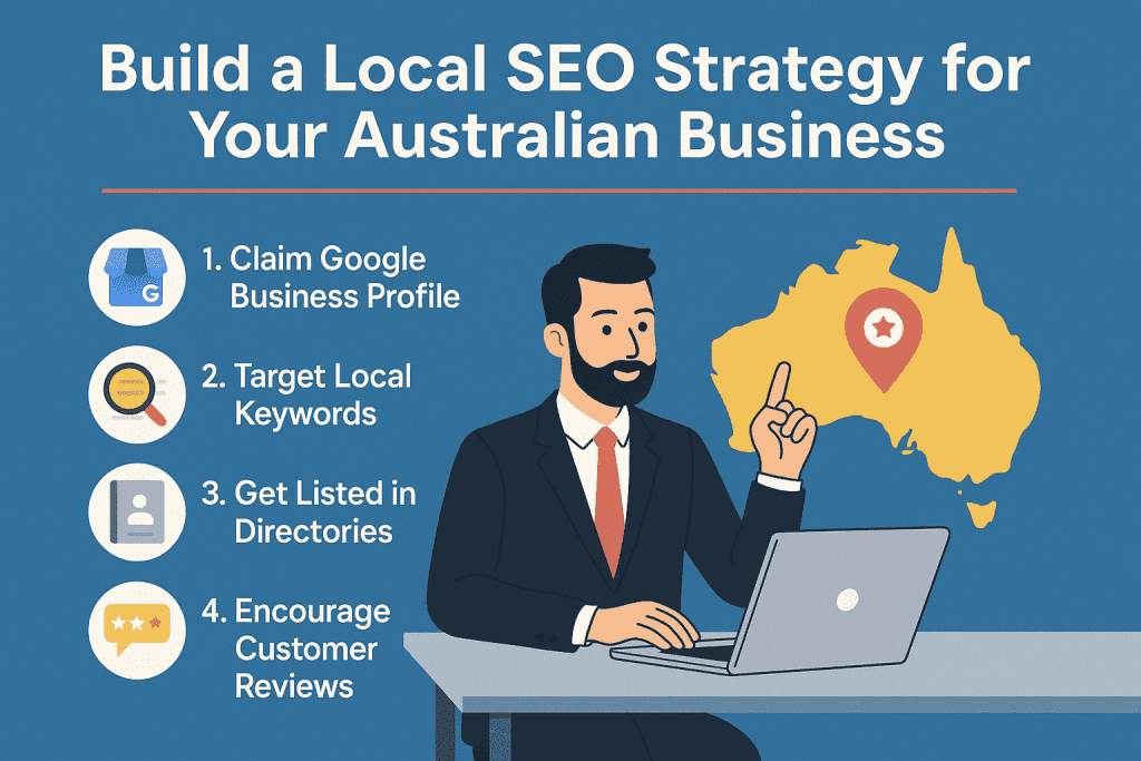 Infographic showing steps to build a local SEO strategy for Australian businesses, highlighting Google Business Profile, keywords, directories, and reviews. Designed for an article on Local SEO for Australia.