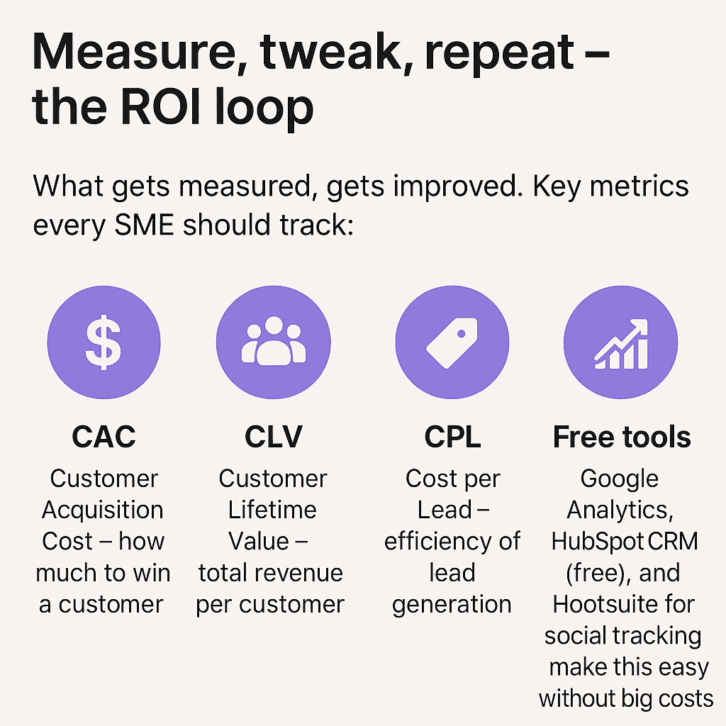 Infographic with purple icons representing CAC (Customer Acquisition Cost), CLV (Customer Lifetime Value), CPL (Cost per Lead), and free tools like Google Analytics, HubSpot CRM, and Hootsuite.