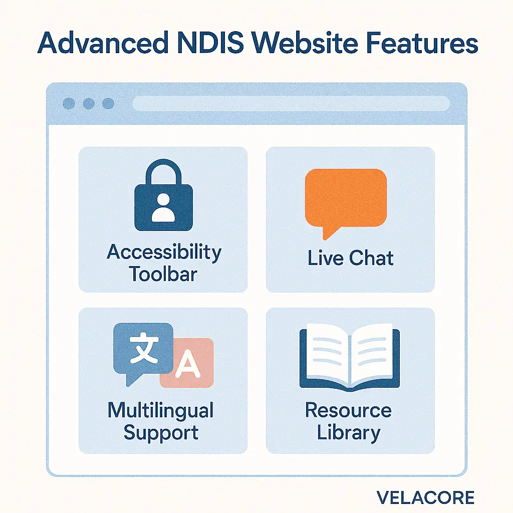 NDIS Website Design: Essential Features to Build Trust and Drive Enquiries 4 A feature checklist infographic titled "Advanced NDIS Website Features" showcasing four key elements: Accessibility Toolbar, Live Chat, Multilingual Support, and Resource Library, displayed within a browser window graphic.