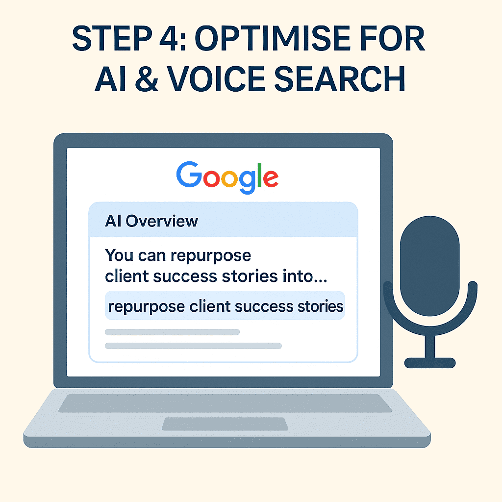 Laptop displaying a Google AI Overview snippet with highlighted keywords, next to a microphone icon.