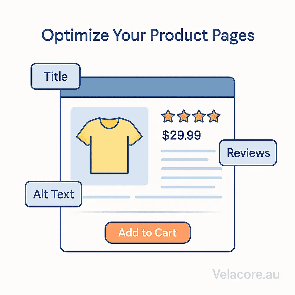 A diagram titled "Optimize Your Product Pages" illustrating a sample e-commerce layout with labels highlighting key SEO areas: Title, Alt Text for images, and customer Reviews.
