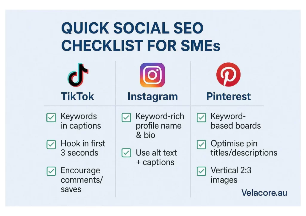 Social Media SEO: How to Optimise for TikTok, Instagram & Pinterest 3 A "Quick Social SEO Checklist for SMEs" infographic displaying three columns of optimization tips for TikTok, Instagram, and Pinterest, covering keywords, bio optimization, and image formatting.