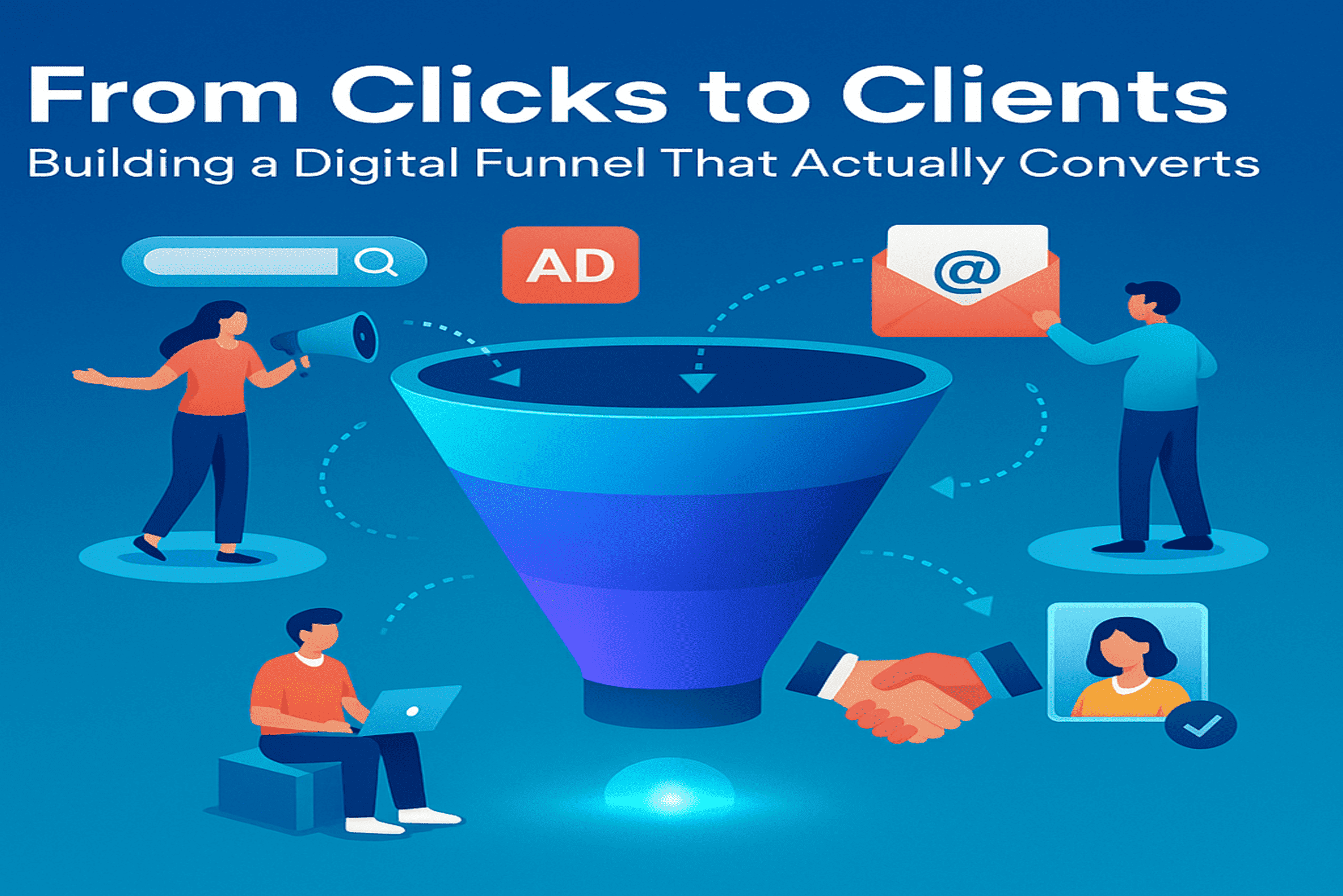 SMB marketing funnel illustration turning ad clicks, email campaigns, and search traffic into paying clients.