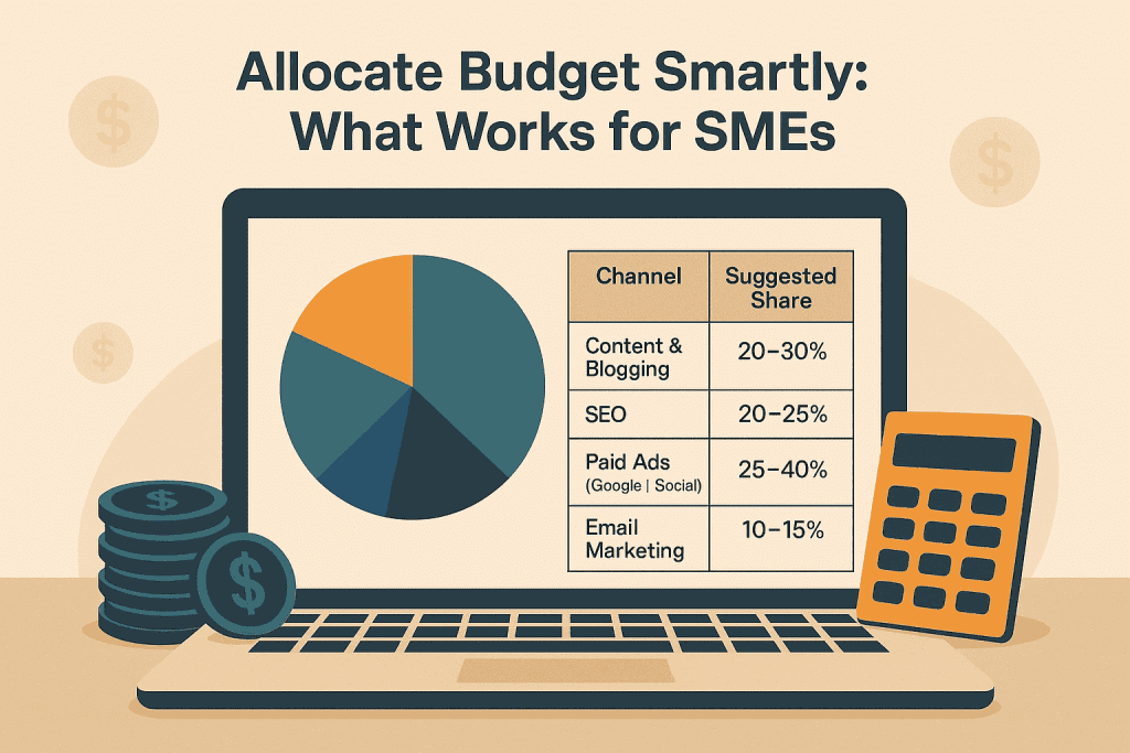 Infographic pie chart with icons showing SME budget allocation: megaphone for paid ads (35%), pencil for blogging (25%), magnifying glass for SEO (20%), envelope for email (15%), and phone for social media (5%)