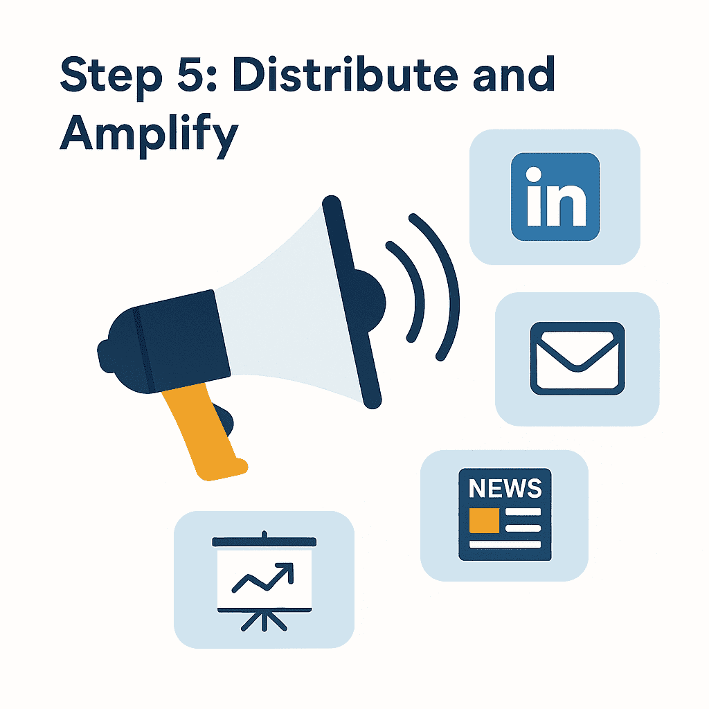 Megaphone projecting content to LinkedIn, email, news sites, and presentations.
