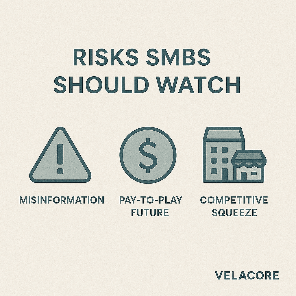 Infographic with icons representing misinformation, pay-to-play future, and competitive squeeze as the three major risks SMBs face in AI-driven SEO.