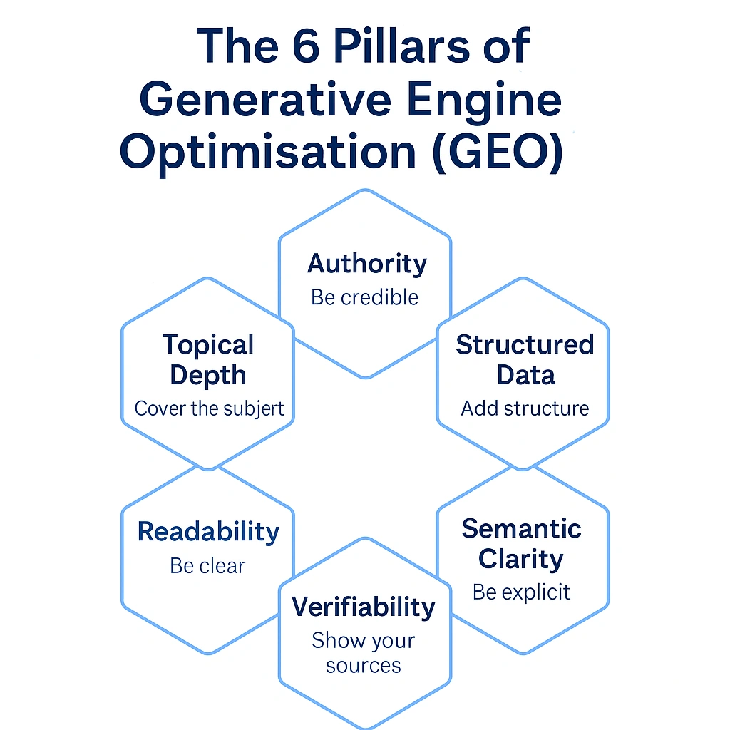 Infographic showing the six core principles of Generative Engine Optimisation for AI-driven visibility.