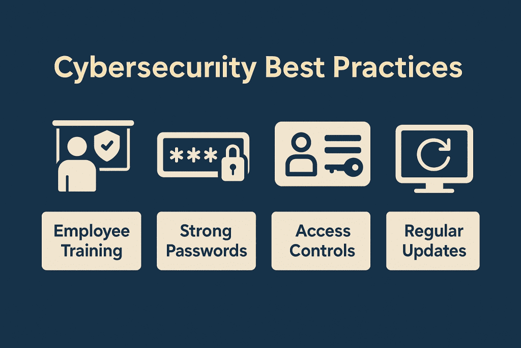 Horizontal infographic with icons and brief tips for NDIS cybersecurity: use strong passwords, enable multi-factor authentication, keep software updated, and train staff regularly.