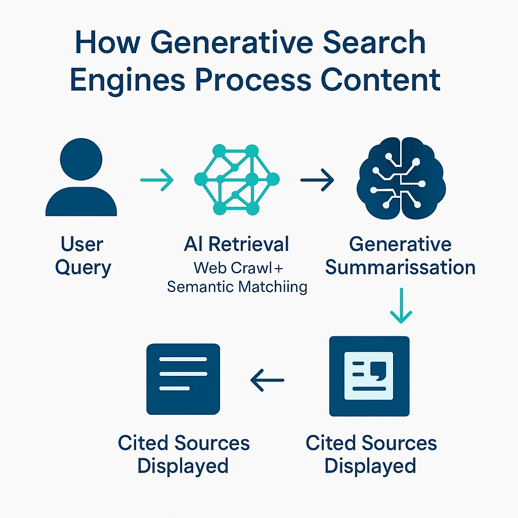 Diagram showing how generative search engines like Google SGE and ChatGPT process and cite website content