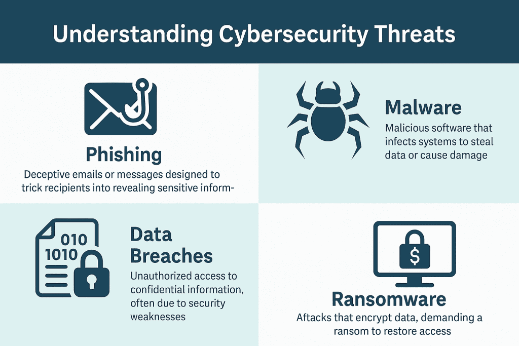 Infographic highlighting major cyber risks for NDIS providers — phishing, ransomware, insider threats, third-party vulnerabilities, and outdated systems.