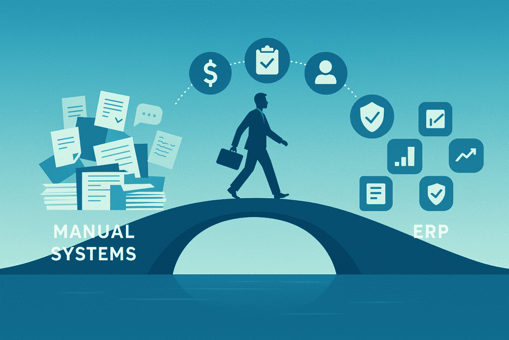 ERP for NDIS Providers: Best Systems, Key Features and What to Look for 2 image depicting manual systems vs ERP system