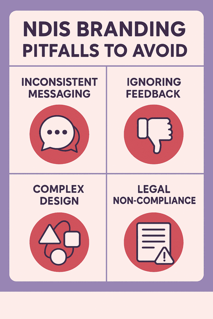 Graphic showing five common rebranding pitfalls NDIS providers should avoid, including rushing changes and ignoring accessibility