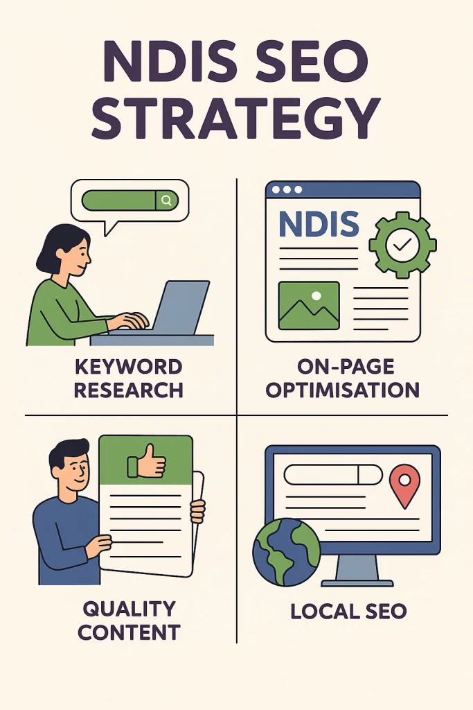 NDIS SEO Strategy: How to Rank Higher and Reach the Right Participants 3 Infographic showing pillars of NDIS SEO strategy: keywords, local SEO, on-page, content, technical, authority