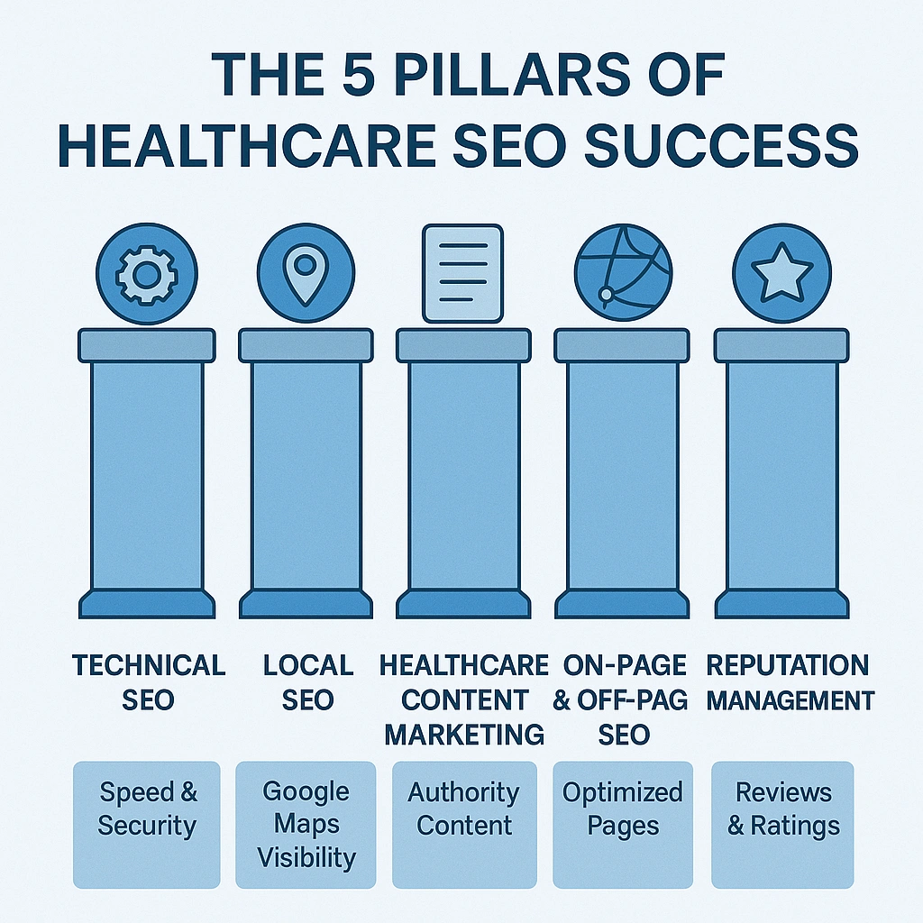 Infographic showing the five pillars of healthcare SEO success — Technical SEO, Local SEO, Healthcare Content Marketing, On-Page & Off-Page SEO, and Reputation Management.