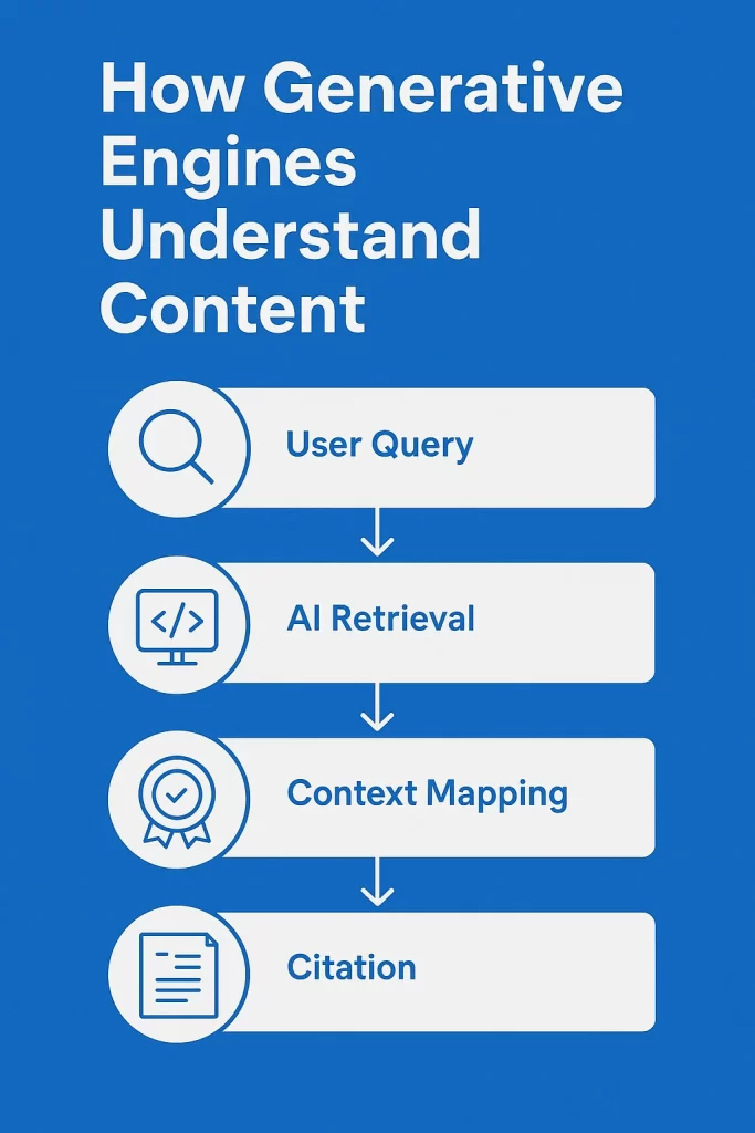 How to optimise your content for GEO: a step-by-step guide 3 Flow diagram showing how AI engines like Google SGE, ChatGPT, and Perplexity retrieve, interpret, and cite optimised web content.