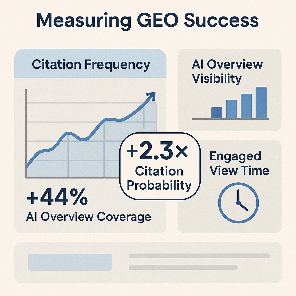 How Generative Engine Optimisation Boosts Visibility in Google’s AI Overviews 5 Dashboard-style infographic showing key Generative Engine Optimisation KPIs — citation frequency, AI Overview appearances, and engagement metrics for Australian businesses.